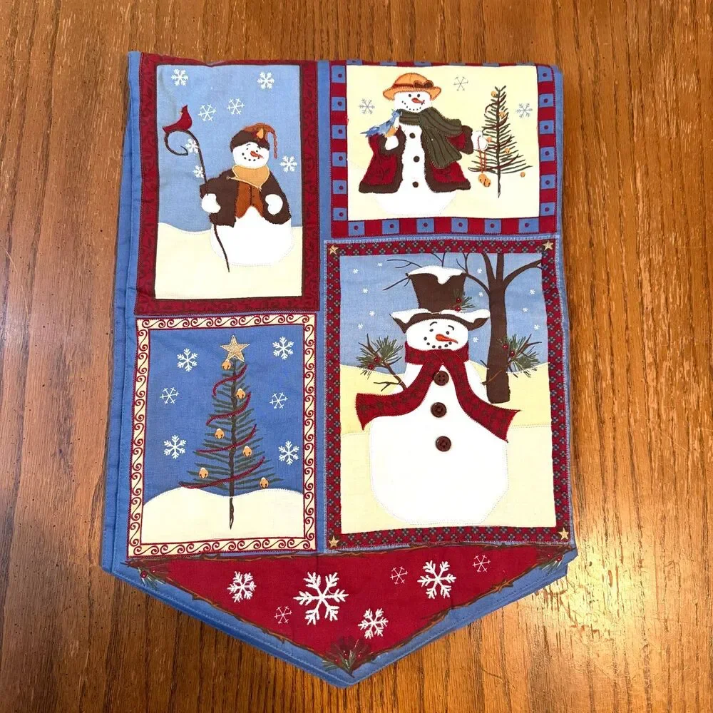 St Nicholas Square Snowman Christmas Table Runner 36x14 Applique Cotton
